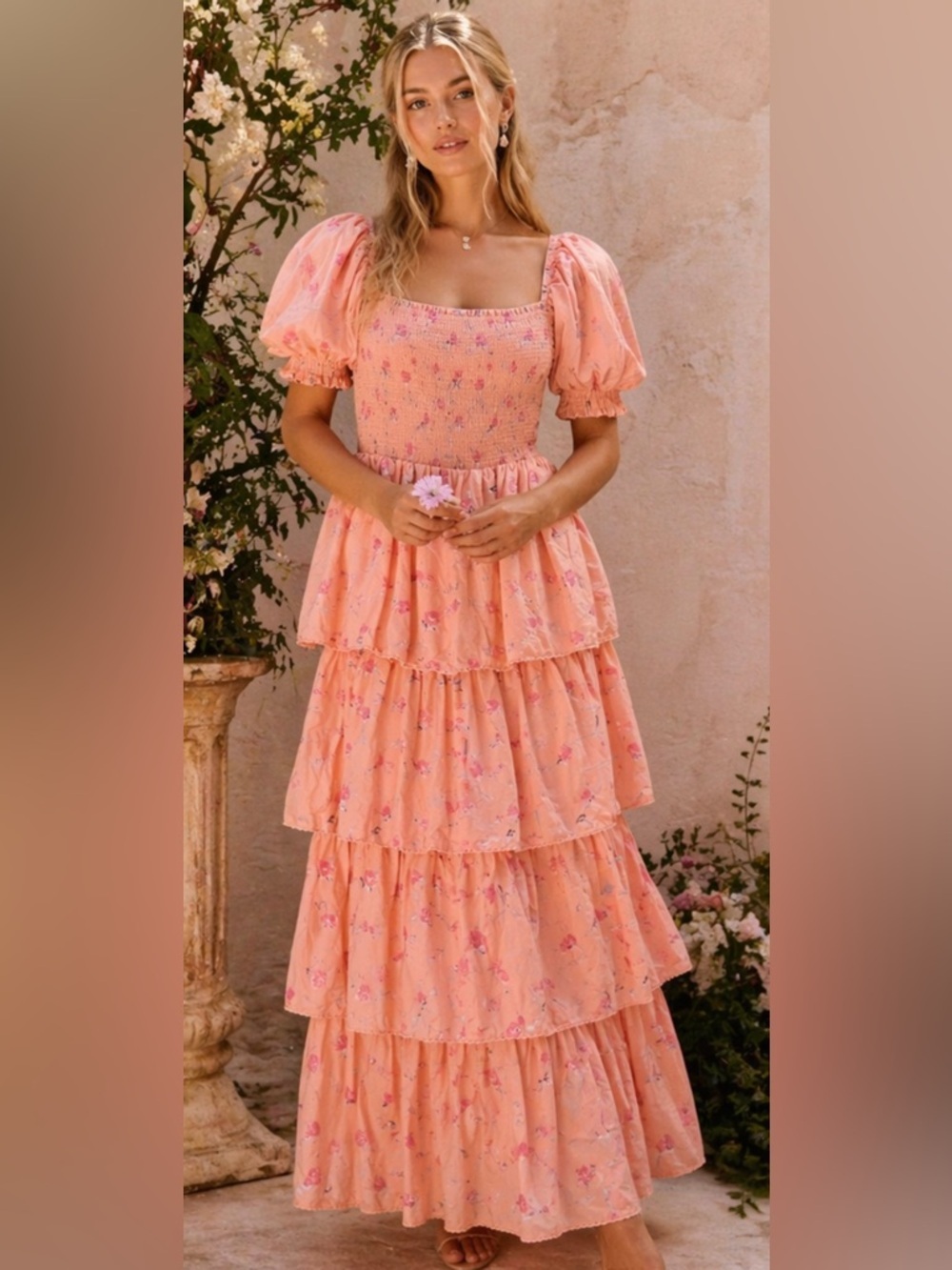 LoveShackFancy Floral Tiered Maxi Dress Puff Sleeve Boho Romantic Cottagecore S